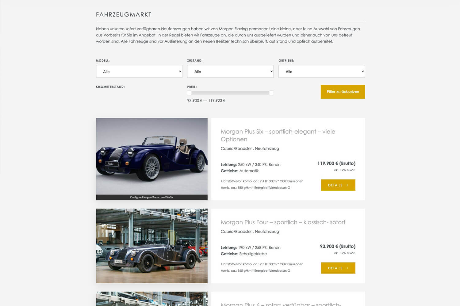 Fahrzeugmarkt-Übersicht auf der Webseite von Morgan Flaving