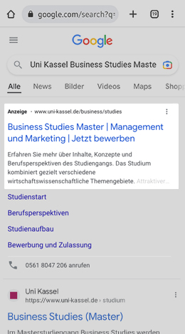 Mobile Ansicht einer Google Anzeige für den Master Studiengang Business Studies